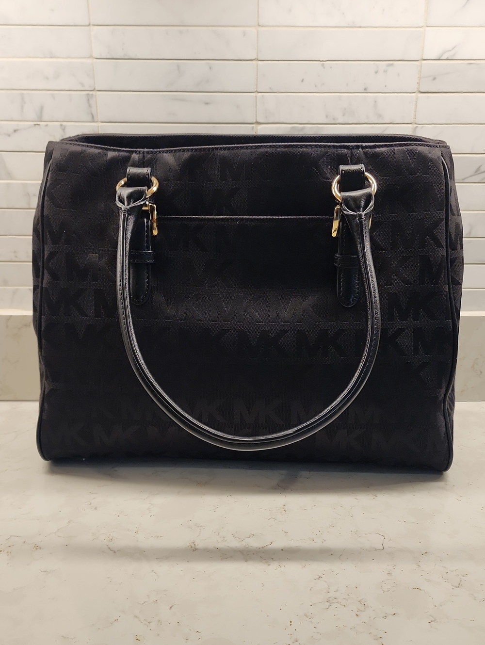 Michael Kors Black MK Monogram Satchel with Gold Hardware